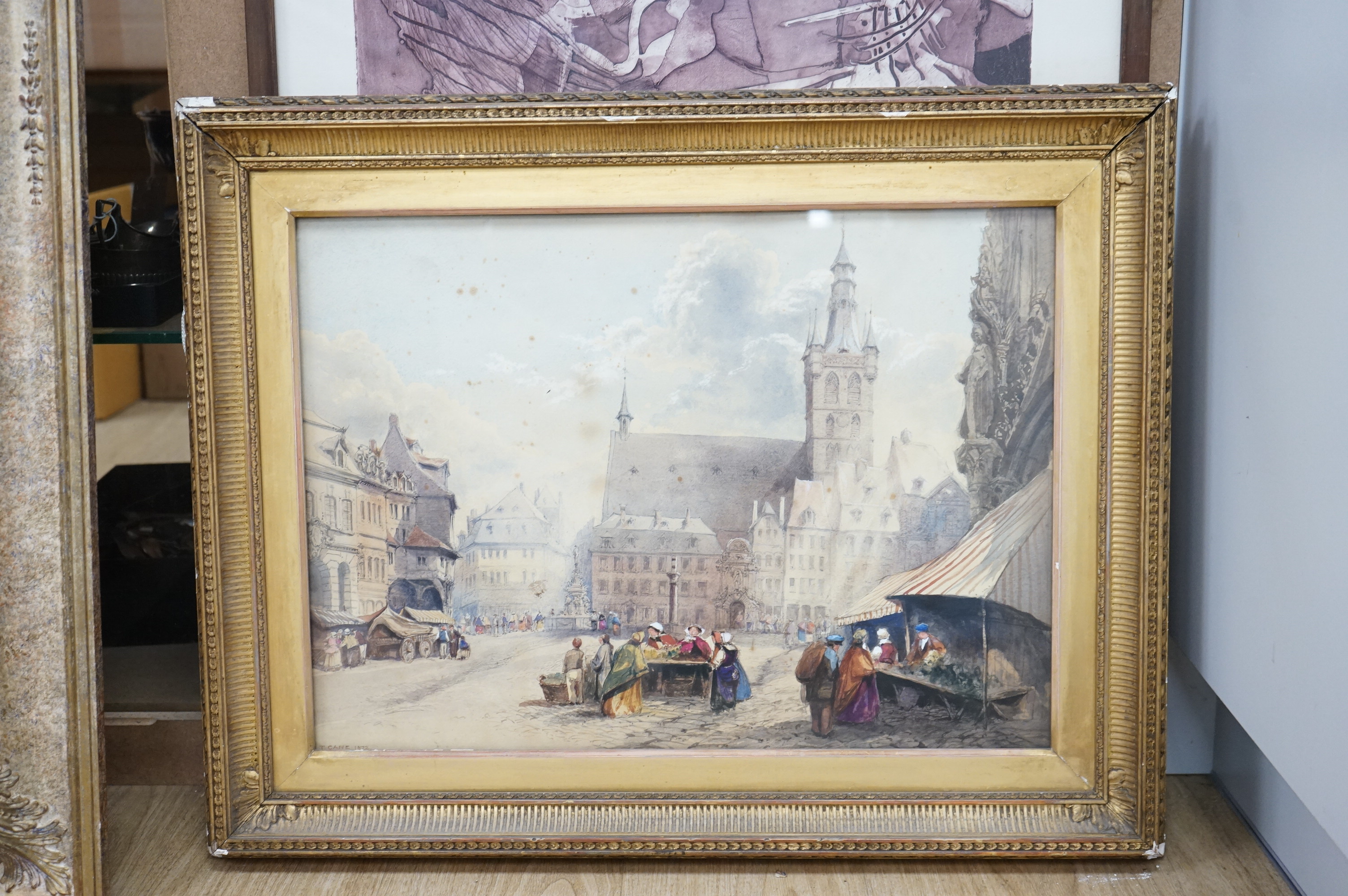 Thomas Cane (1830-1905), watercolour, The market square in Trier, Germany, signed and dated to the lower left corner 1872, 41cm x 56cm, in a late 19th century gilt frame